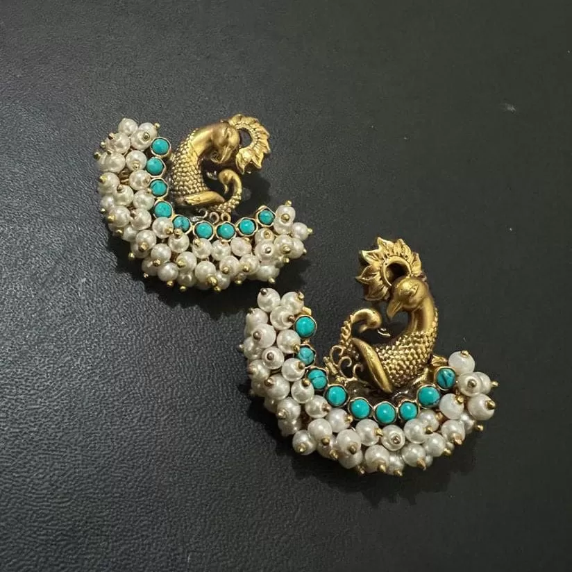 18k gold plated beautiful peacock desigen earring with turquoise and pearl stone \ 925 sterling silver earring\ traditional handmade jewellery for man and woman