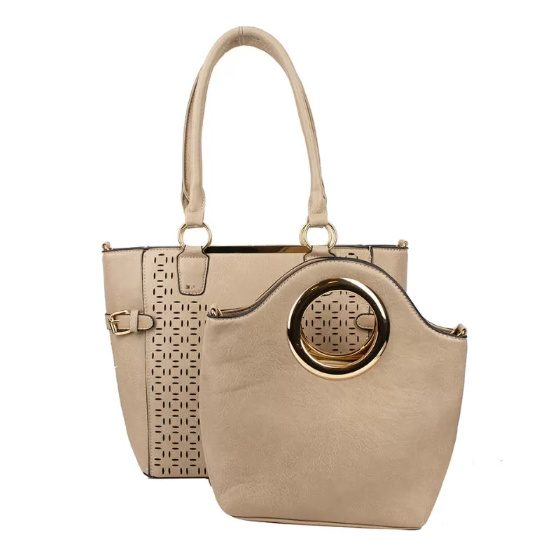 2-in-1 laser cut tote set - khaki