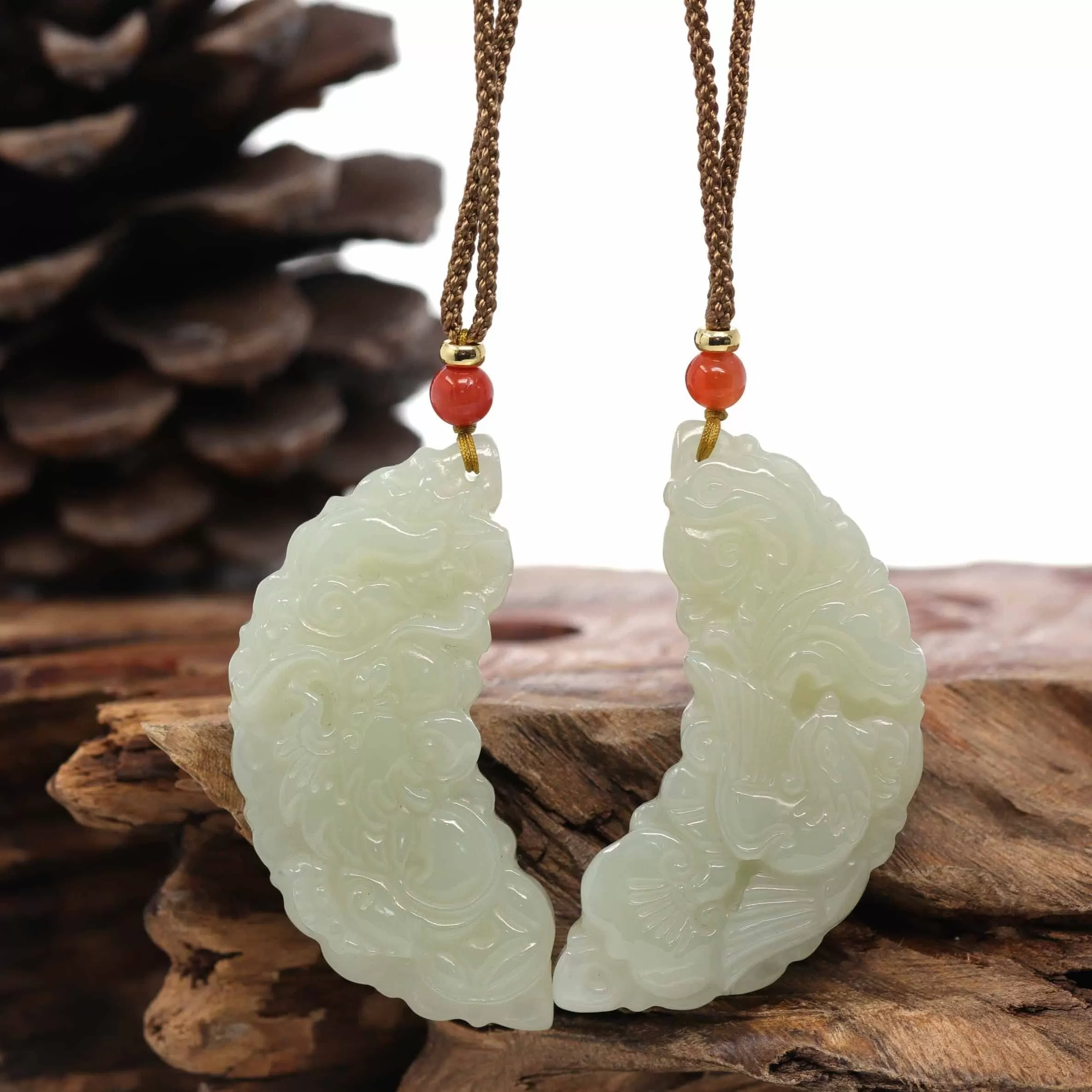 Baikalla? "Dragon & Phoenix" Genuine HeTian White Nephrite Jade Pendant Necklace