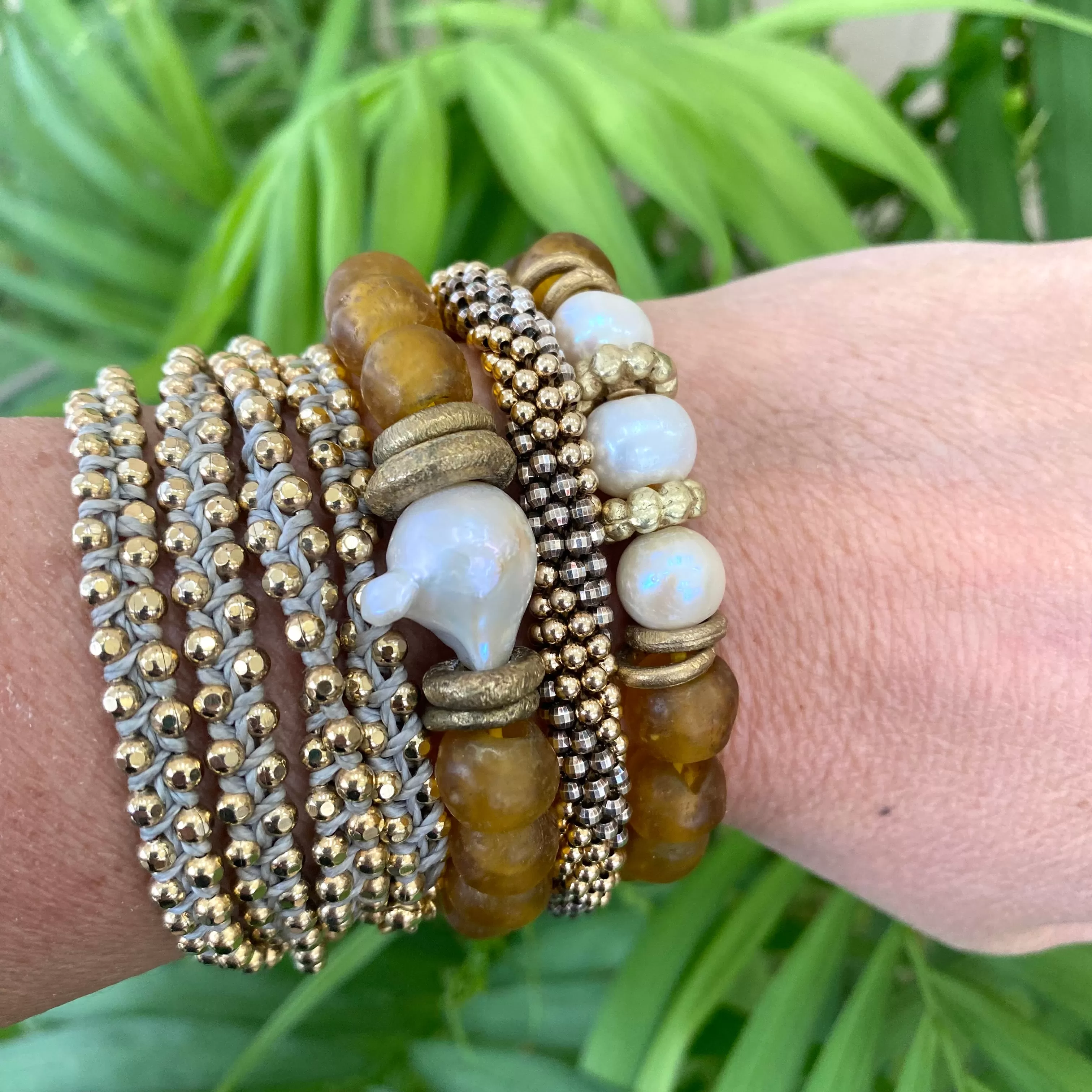 Baroque Pearl & Gold whiskey African Tribal Recycled Glass Bracelet