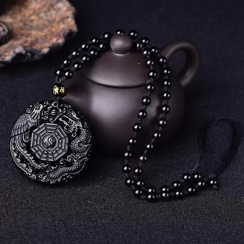 Black Obsidian Phoenix and Dragon Yin Yang Pendant Necklace