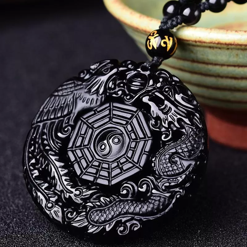 Black Obsidian Phoenix and Dragon Yin Yang Pendant Necklace