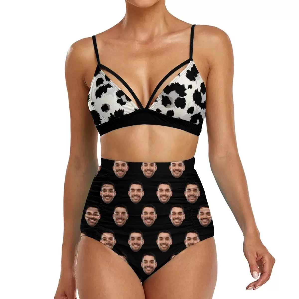 Custom Face White and Black Triangle Bikini Personalized Two-piece Swimsuit