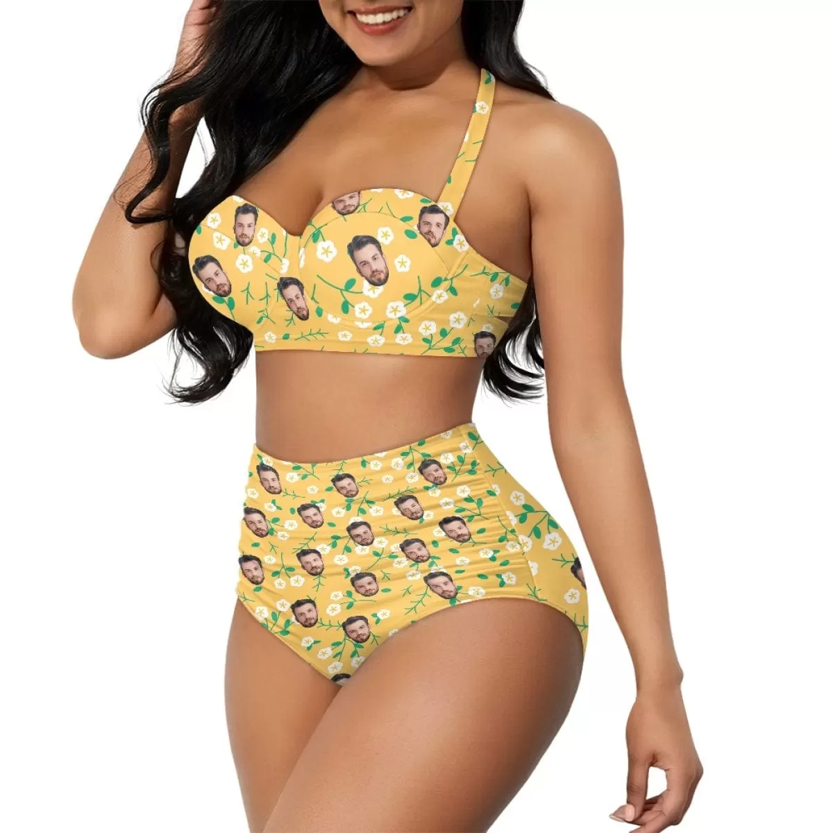 Custom Face Yellow Halterneck String Bandeau Bikini Personalized High Waist Two-piece Bikini Swimsuit