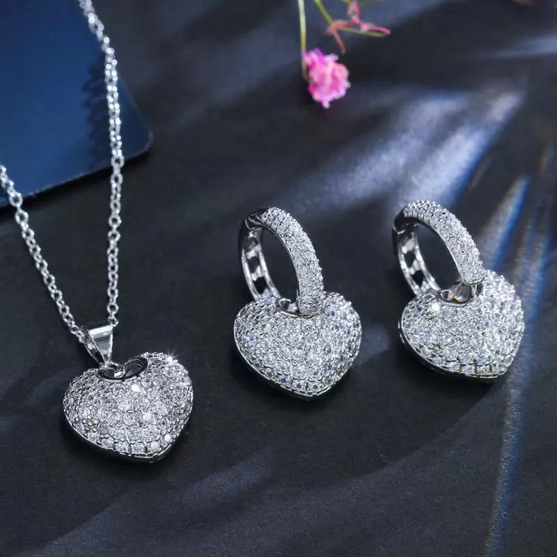 CZ AAA Crystal Heart Earring and Necklace Pendant Set - 3 Variants