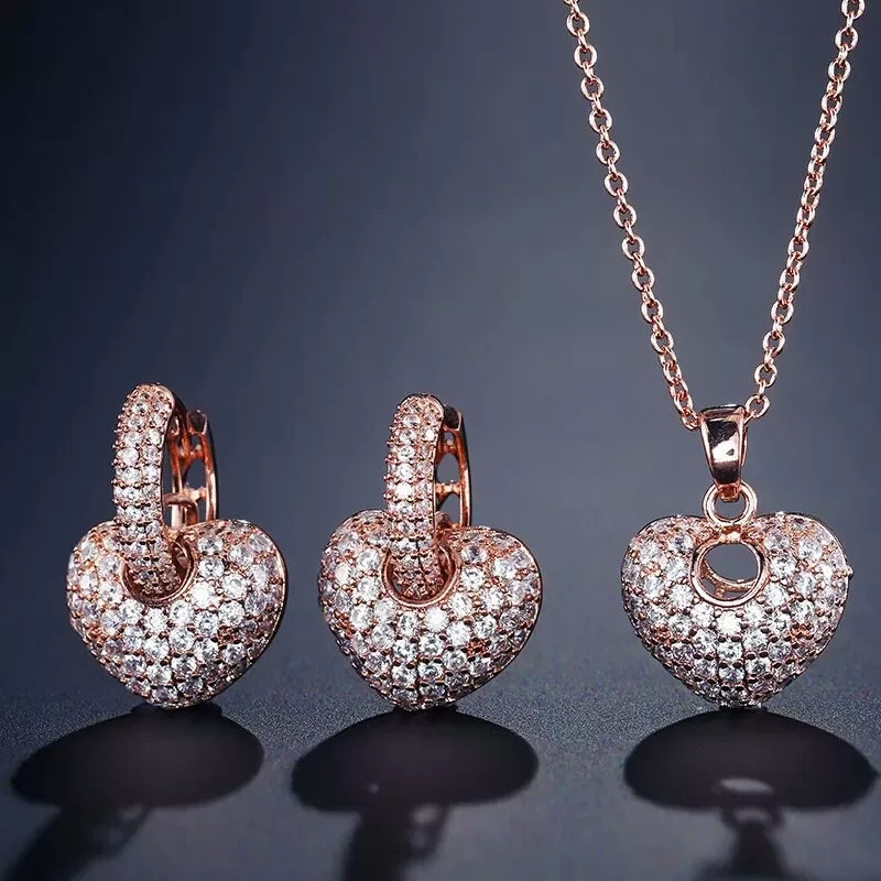 CZ AAA Crystal Heart Earring and Necklace Pendant Set - 3 Variants