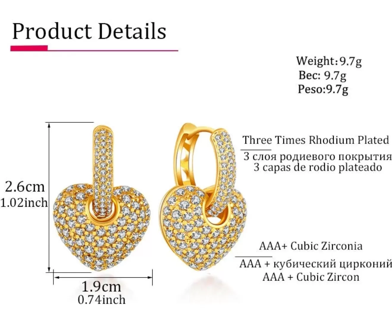 CZ AAA Crystal Heart Earring and Necklace Pendant Set - 3 Variants