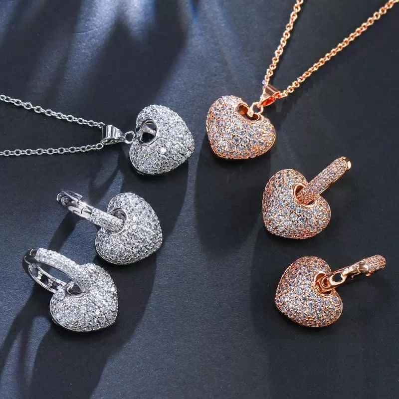 CZ AAA Crystal Heart Earring and Necklace Pendant Set - 3 Variants