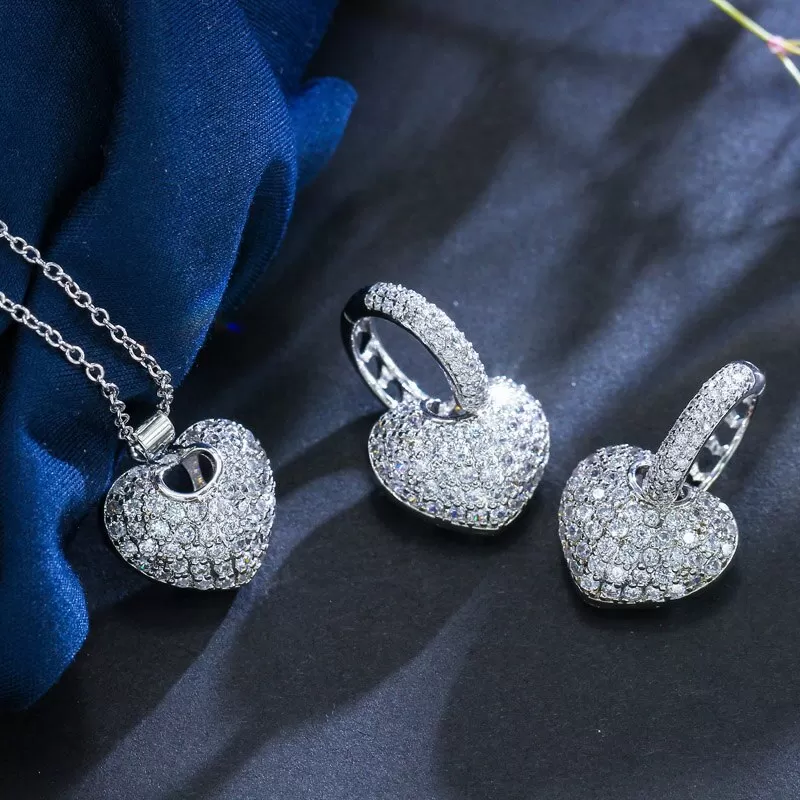 CZ AAA Crystal Heart Earring and Necklace Pendant Set - 3 Variants