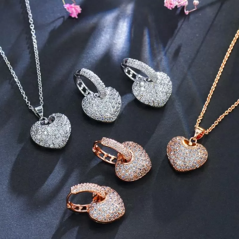 CZ AAA Crystal Heart Earring and Necklace Pendant Set - 3 Variants