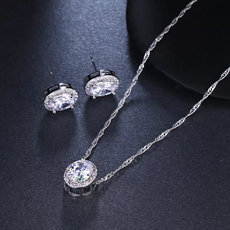 CZ Solitaire Oval Earring and Necklace Pendant Set