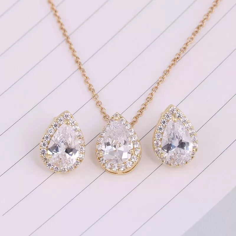 CZ  Tear Drop Crystal Luxury Pendant Necklace Set - 3 Colors