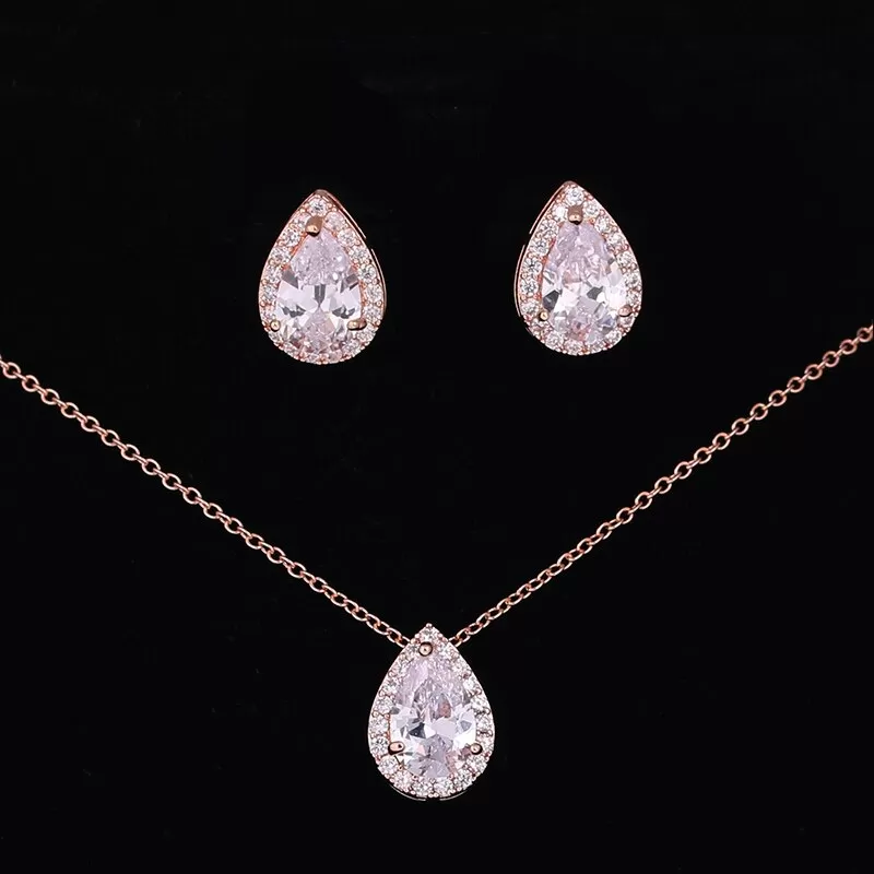 CZ  Tear Drop Crystal Luxury Pendant Necklace Set - 3 Colors