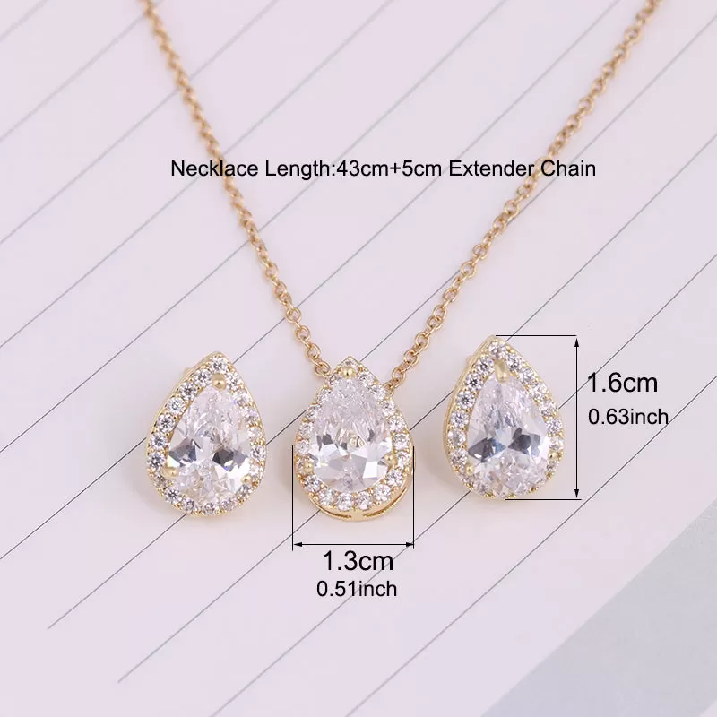 CZ  Tear Drop Crystal Luxury Pendant Necklace Set - 3 Colors