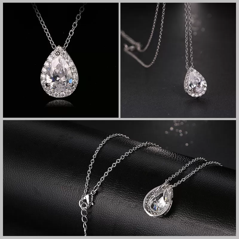 CZ  Tear Drop Crystal Luxury Pendant Necklace Set - 3 Colors