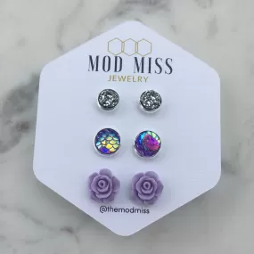 Druzy Stud Earring Set of 3 8mm Gunmetal, Purple Mermaid & Purple Rose