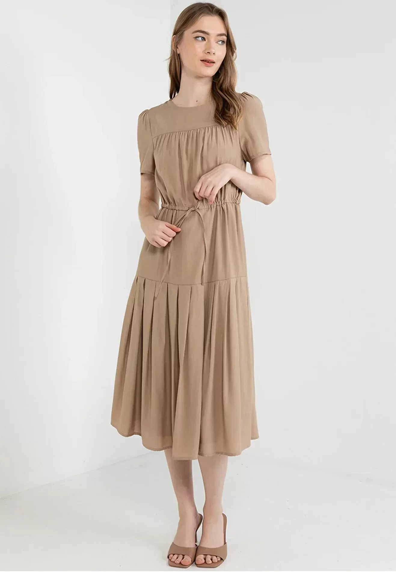 ELLE Apparel Elegance Drawstring Tiered Midi Dress