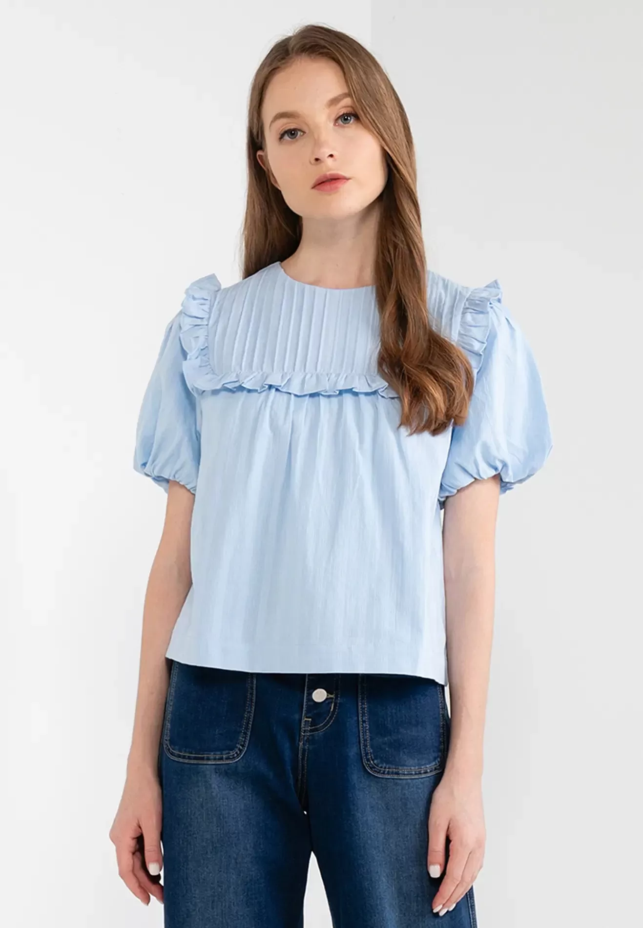 ELLE Apparel Flounce-Trimmed Short Sleeves Blouse