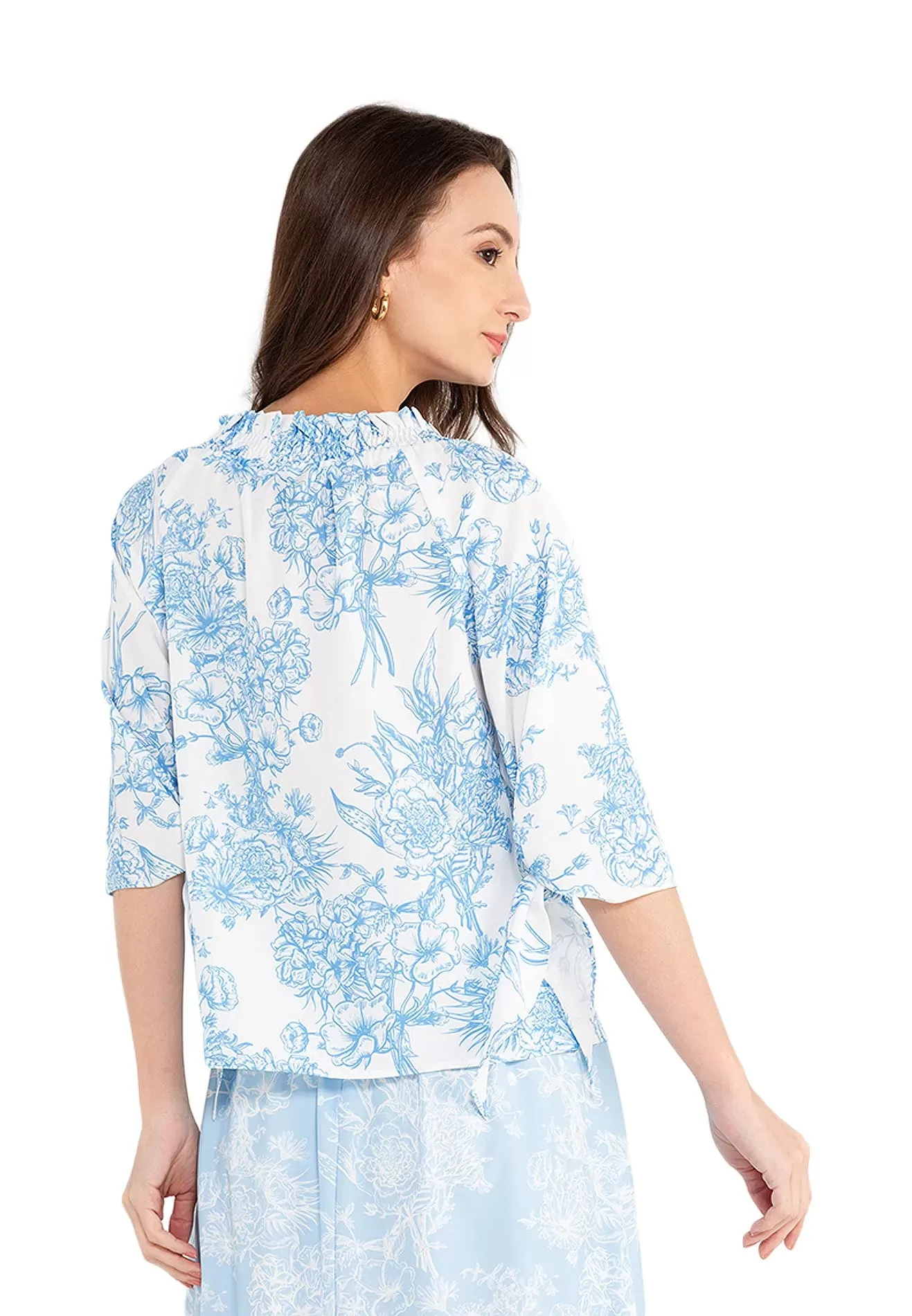 ELLE Apparel Ribbon Floral Printed Blouse