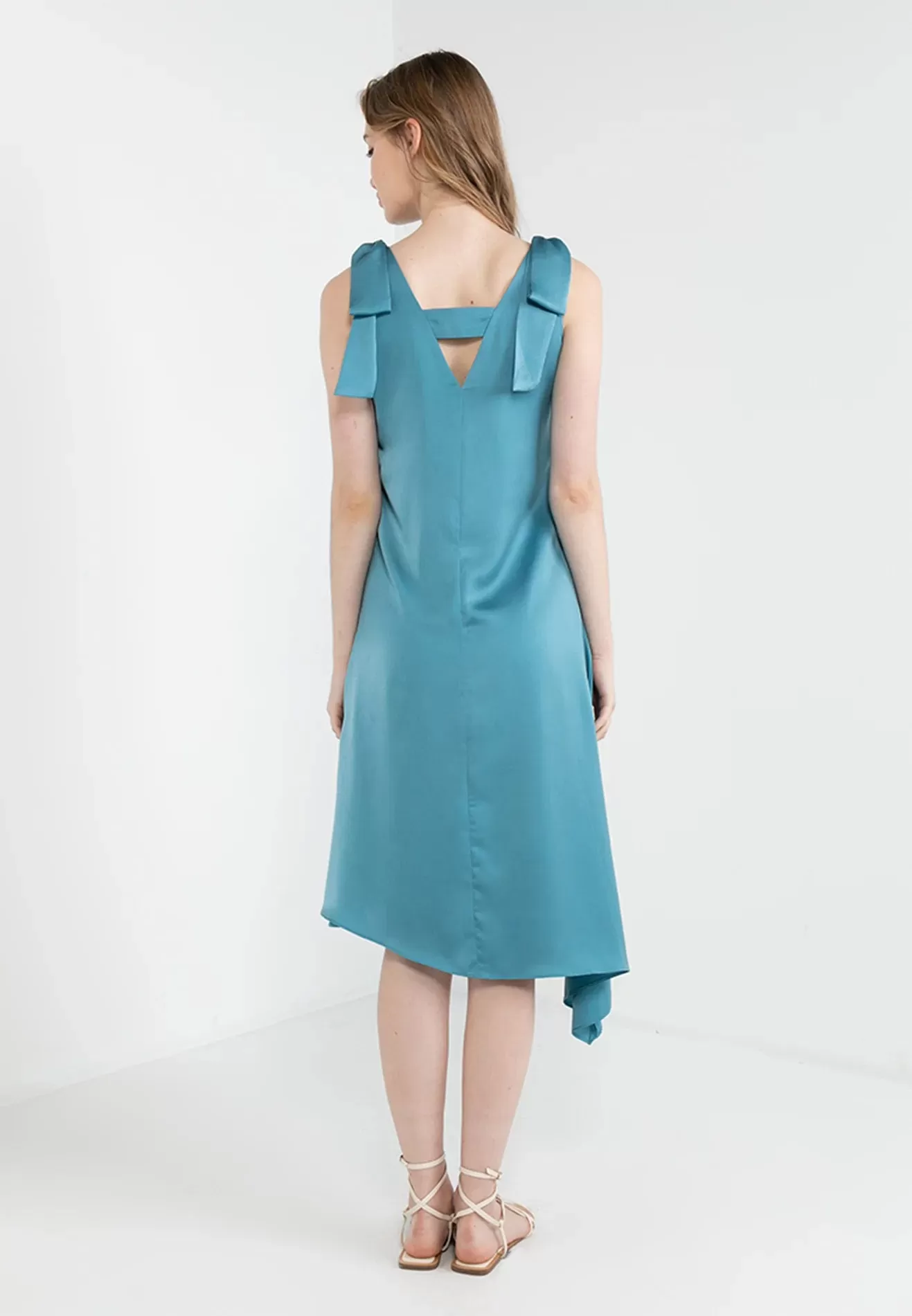 ELLE Apparel Ribbon Tie Shoulder Satin Dress