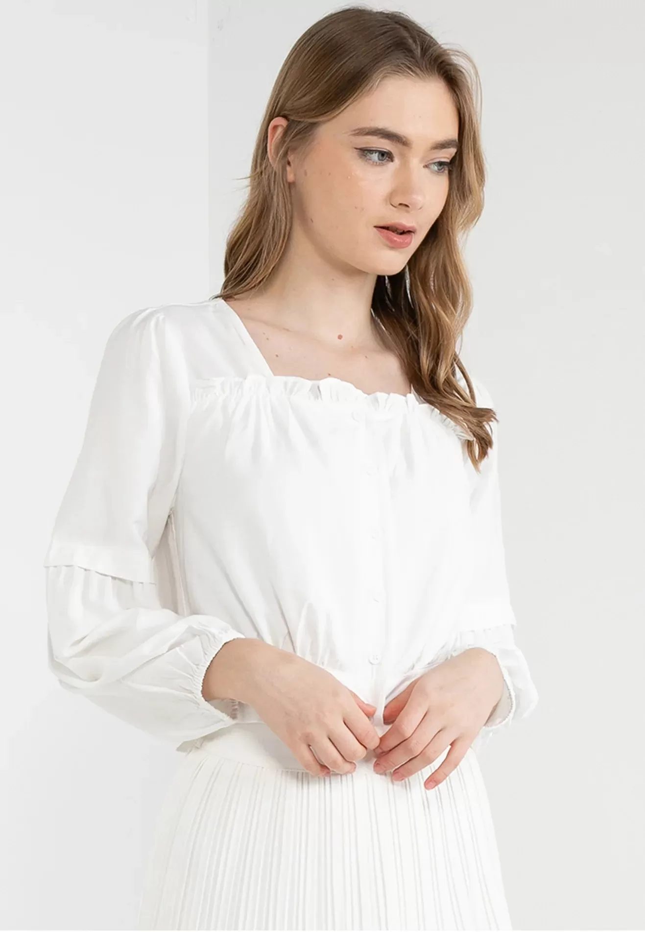 ELLE Apparel Square Neck Ruffle Details Blouse