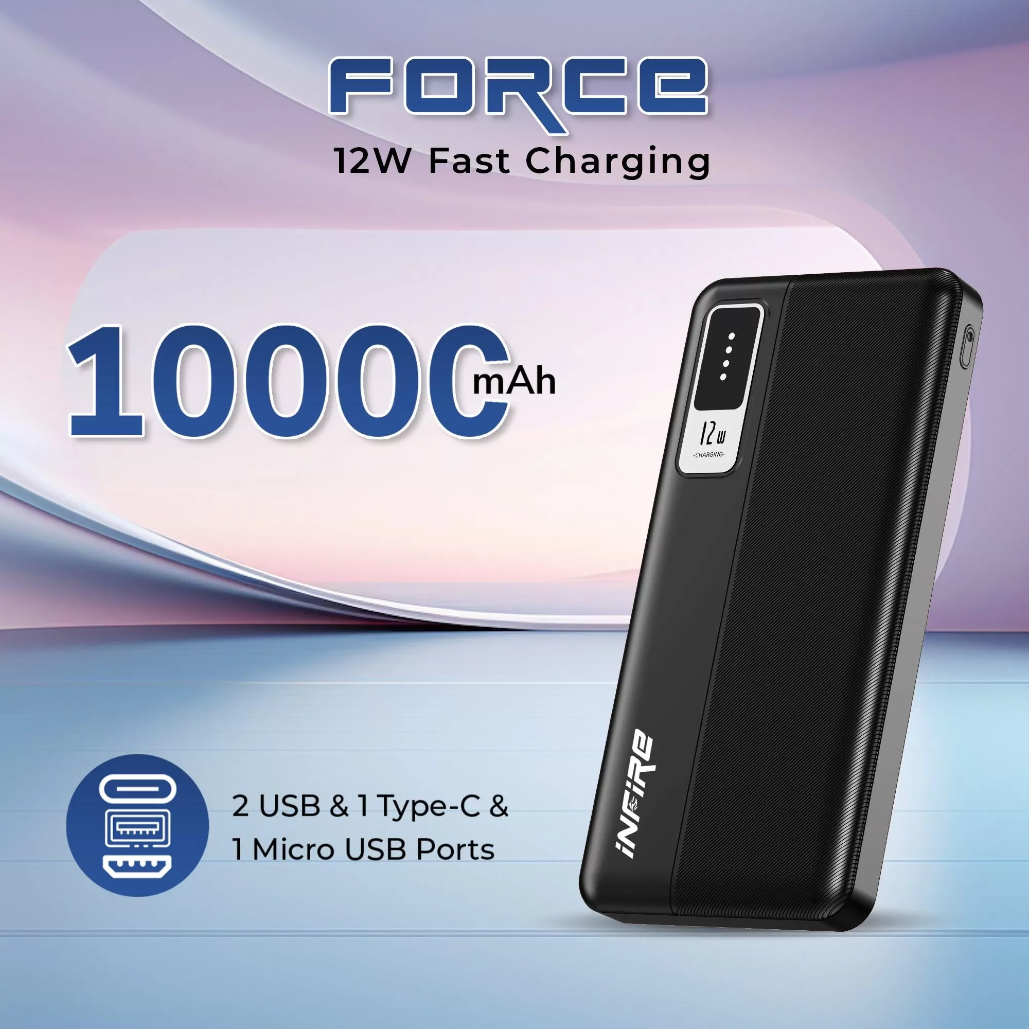 Force 10000mAh Power Bank 12W Fast Charging | Dual USB Output , 1 Micro USB Input, 1Type C Input |LED Indicator, Lightweight| Lithium Polymer Power Bank (Black)