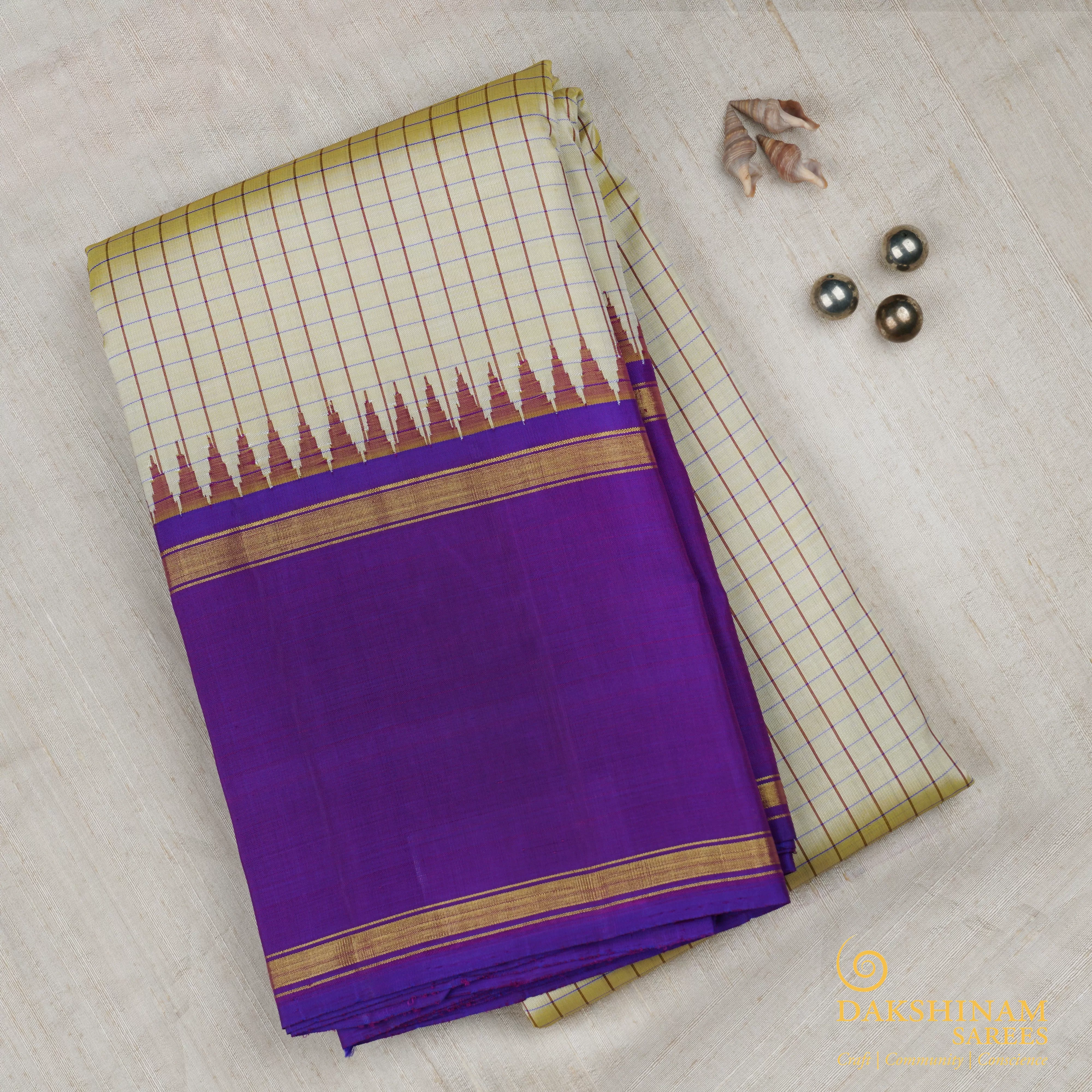 Handwoven Beige with Purple Kanjivaram Silk Saree - 1534T006159DSC