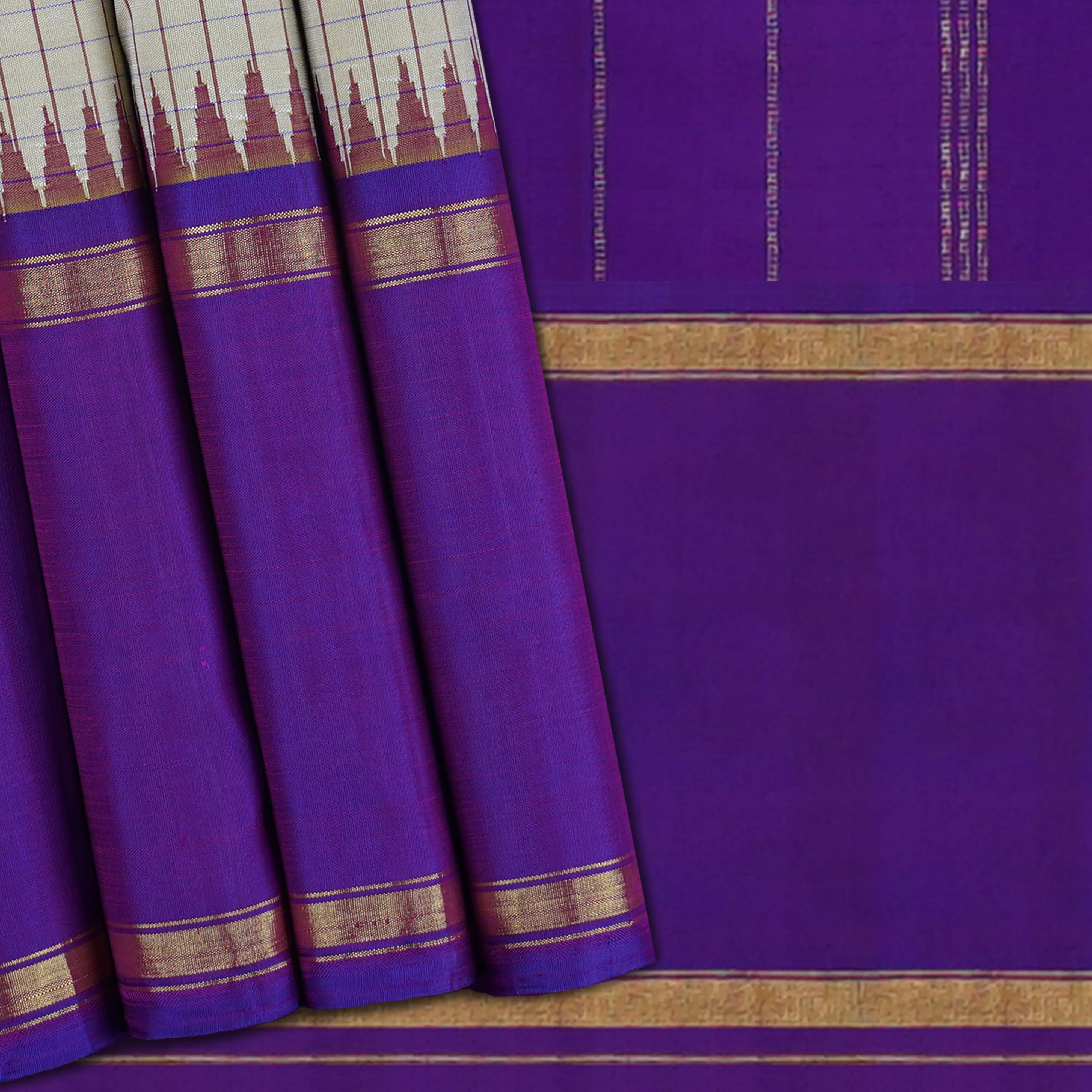 Handwoven Beige with Purple Kanjivaram Silk Saree - 1534T006159DSC