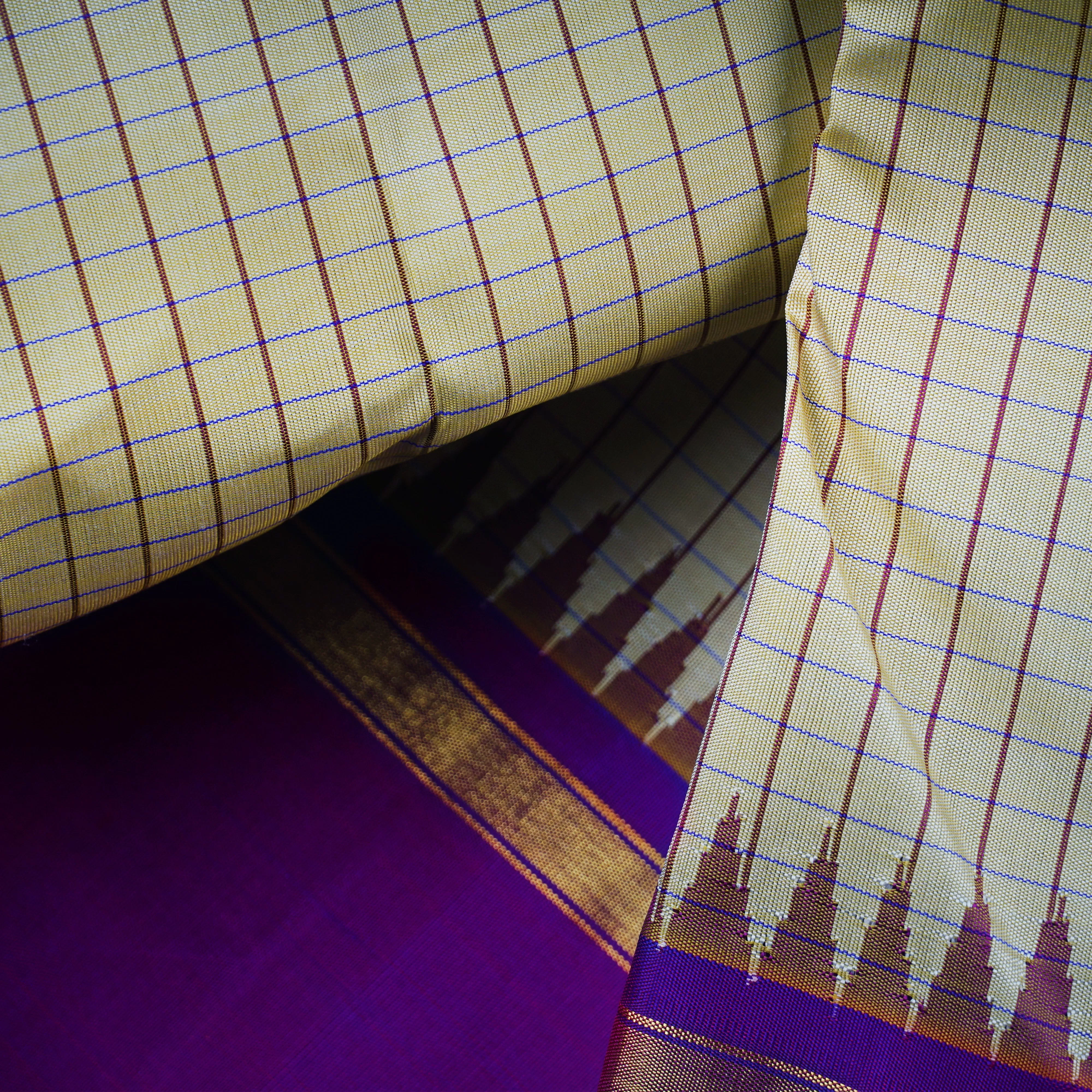 Handwoven Beige with Purple Kanjivaram Silk Saree - 1534T006159DSC