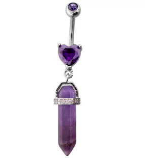 Heart CZ Purple Crystal Dangle Stainless Steel Belly Button Ring