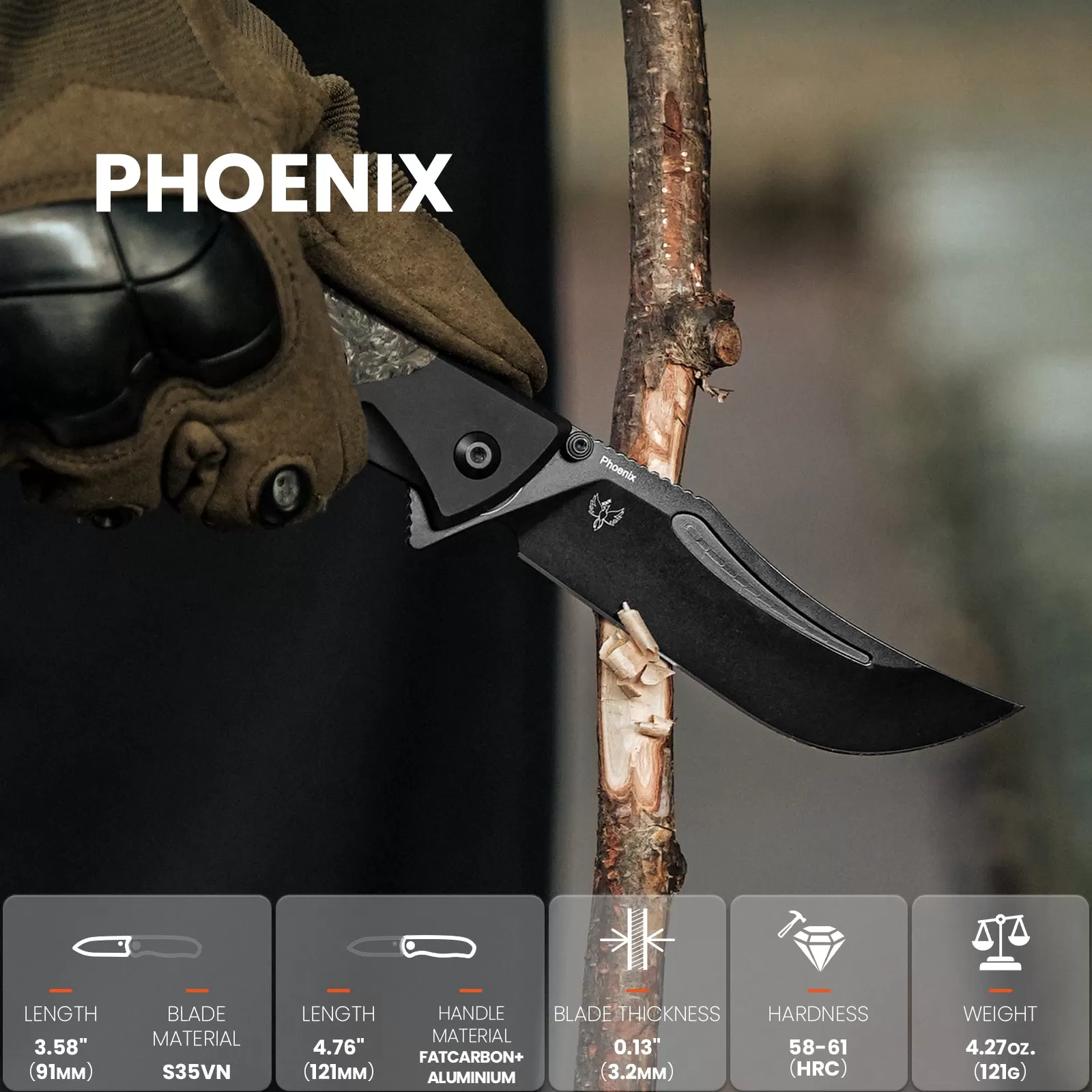 Kizer Phoenix S35VN Blade Liner Lock Fatcarbon Aluminium Handle Ki4647A1(3.58 Black Stonewashed)