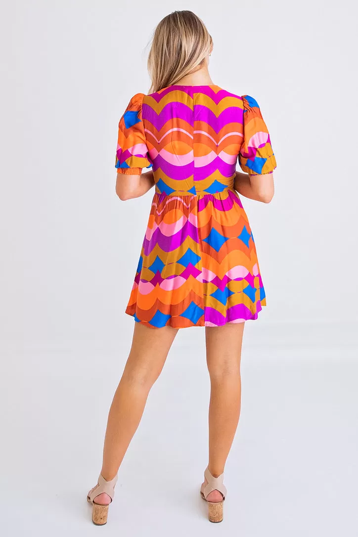 Multi 70's Swirl Puff Sleeve Dress