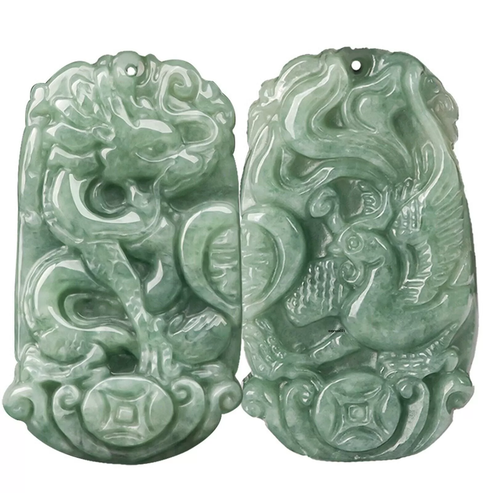 Natural Grade A Jade Jadeite Lucky Dragon Phoenix Couple Pendant PAIR #121-1226