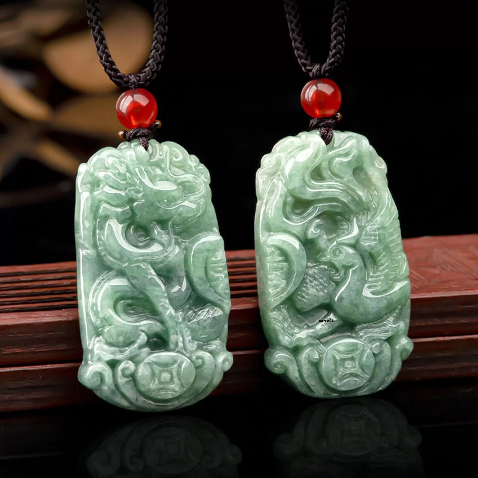 Natural Grade A Jade Jadeite Lucky Dragon Phoenix Couple Pendant PAIR #121-1226