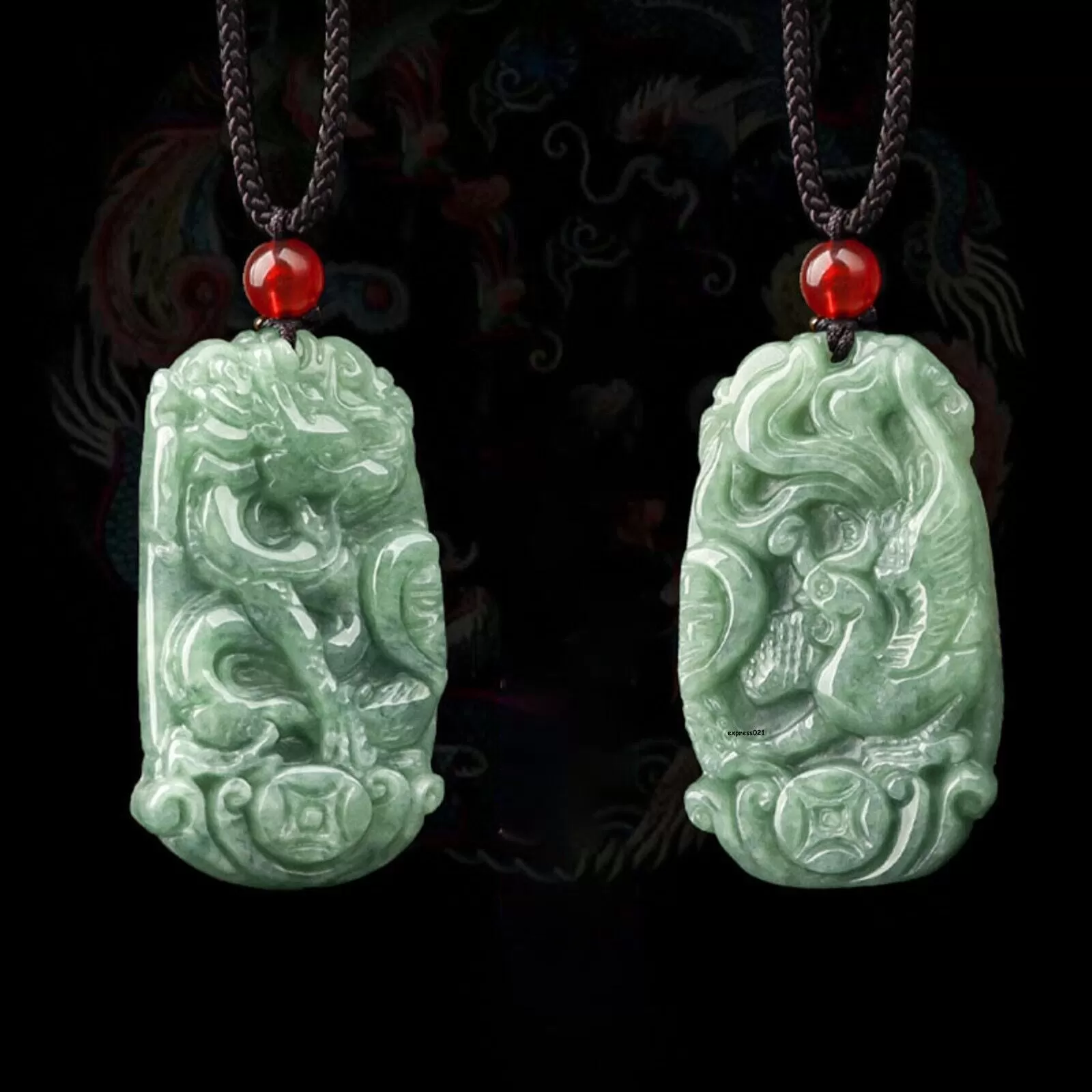 Natural Grade A Jade Jadeite Lucky Dragon Phoenix Couple Pendant PAIR #121-1226