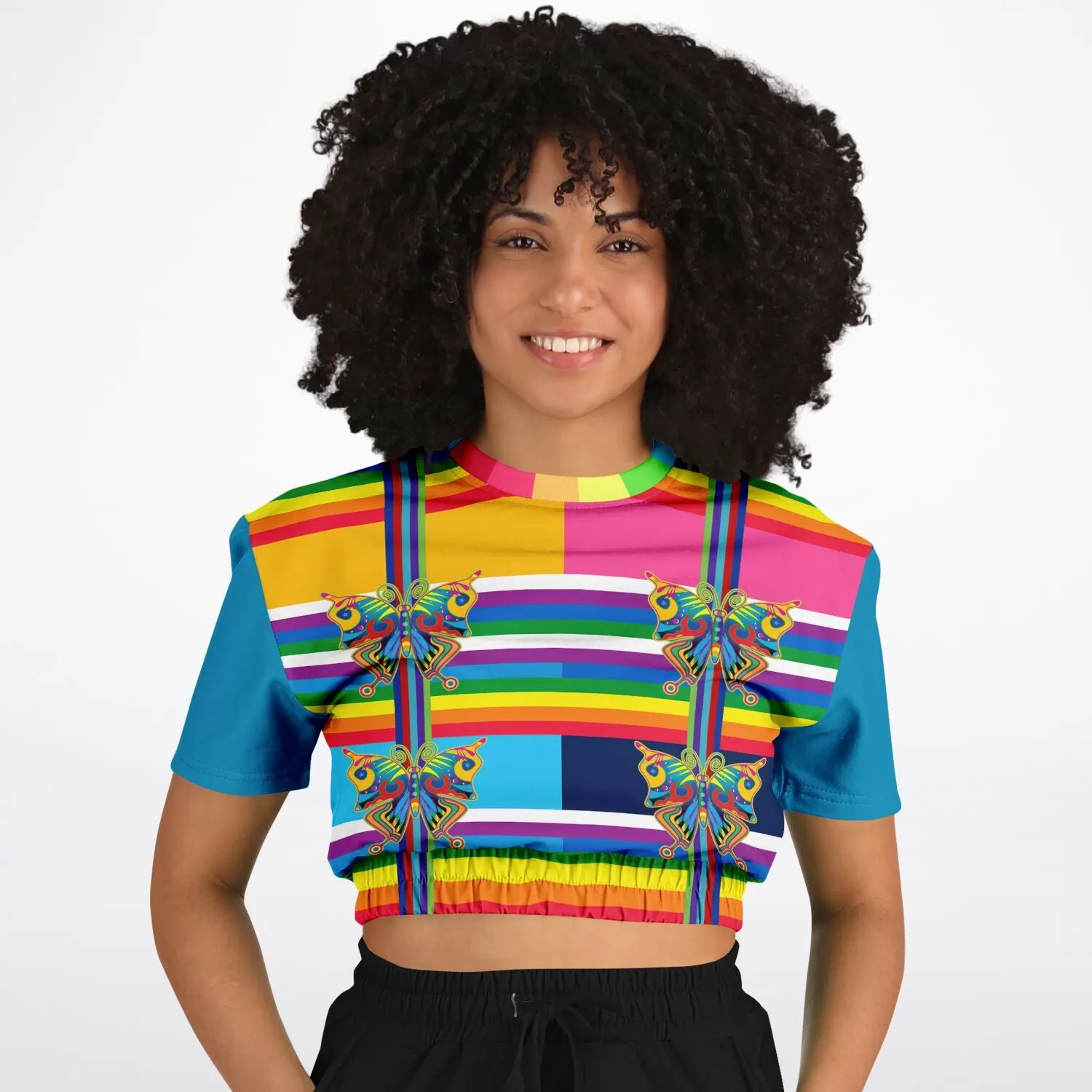 OG San Diego Rainbow Stripe Short Sleeve Cropped Eco-Poly Sweater