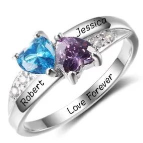 Personalized 2 Stone Turned Hearts Mothers Ring 2 Engraved Names