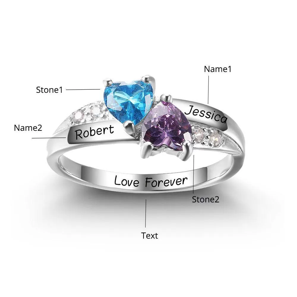 Personalized 2 Stone Turned Hearts Mothers Ring 2 Engraved Names