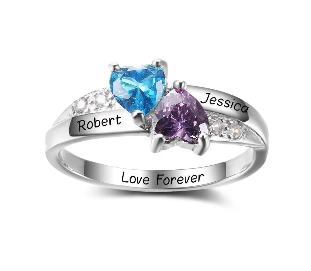 Personalized 2 Stone Turned Hearts Mothers Ring 2 Engraved Names