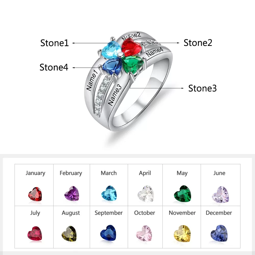 Personalized 925 Sterling Silver Mothers Ring with 4 Heart Birthstones Custom Family Name Engraved Ring Gifts for Mom