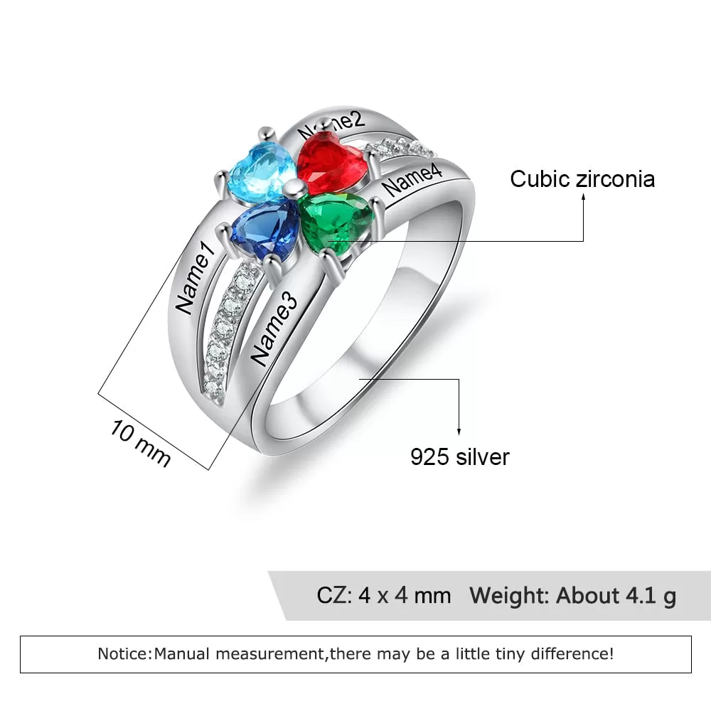 Personalized 925 Sterling Silver Mothers Ring with 4 Heart Birthstones Custom Family Name Engraved Ring Gifts for Mom