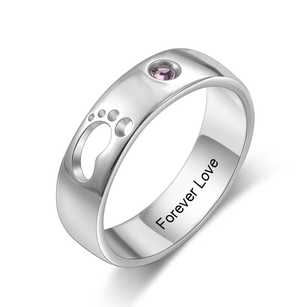 Personalized Name Hollow Cute Baby Feet Ring with Birthstone Custom Inside Engraved Rings for Women Mother's Day Gifts