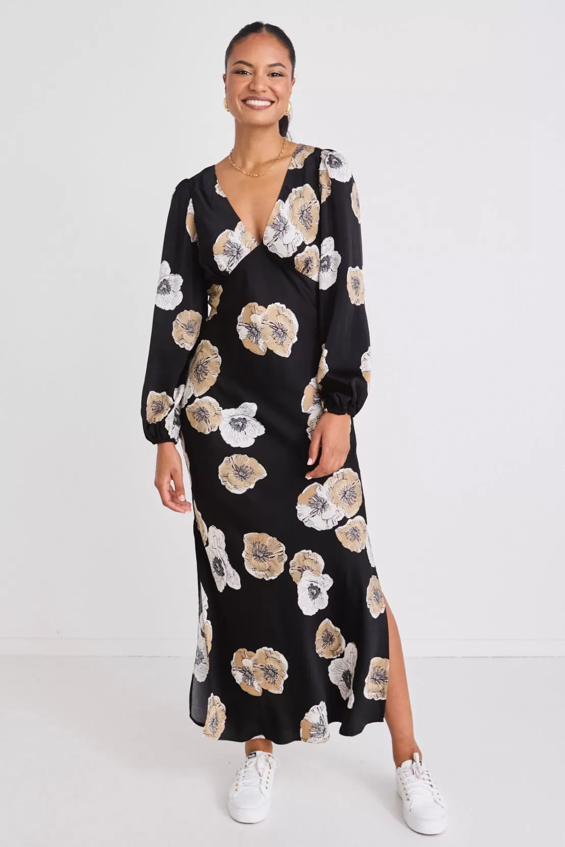 Phoenix Black Floral Satin LS Bias Midi Dress