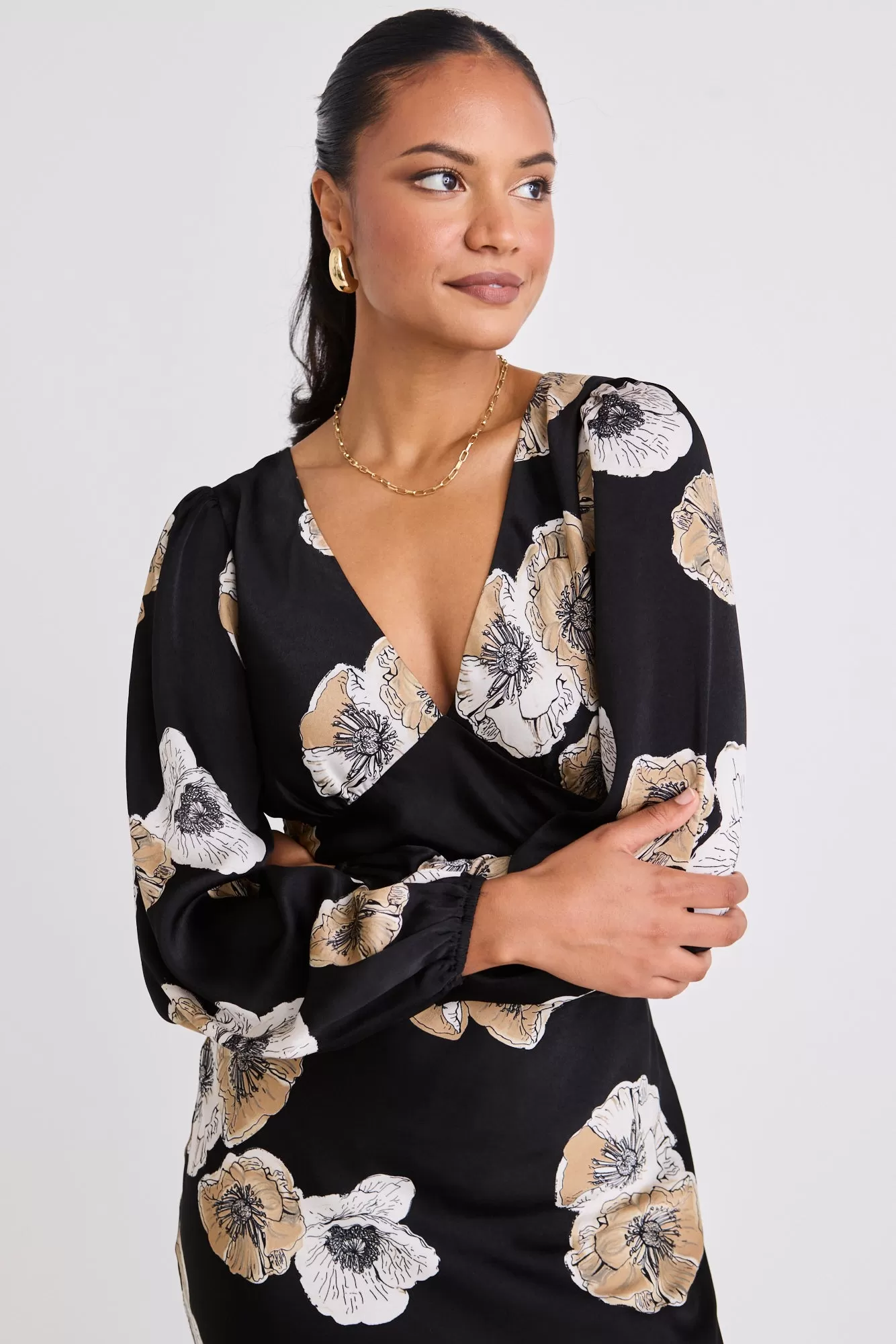 Phoenix Black Floral Satin LS Bias Midi Dress