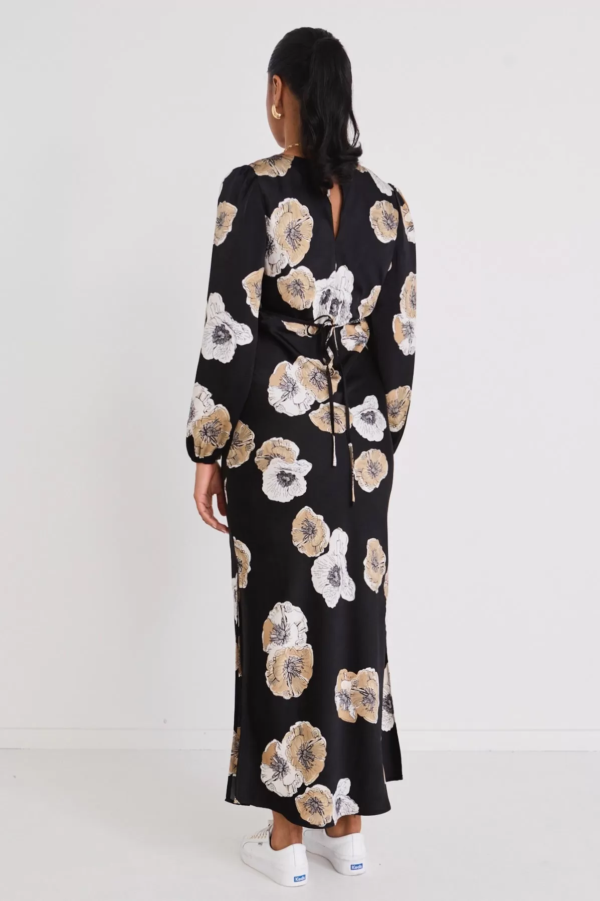 Phoenix Black Floral Satin LS Bias Midi Dress