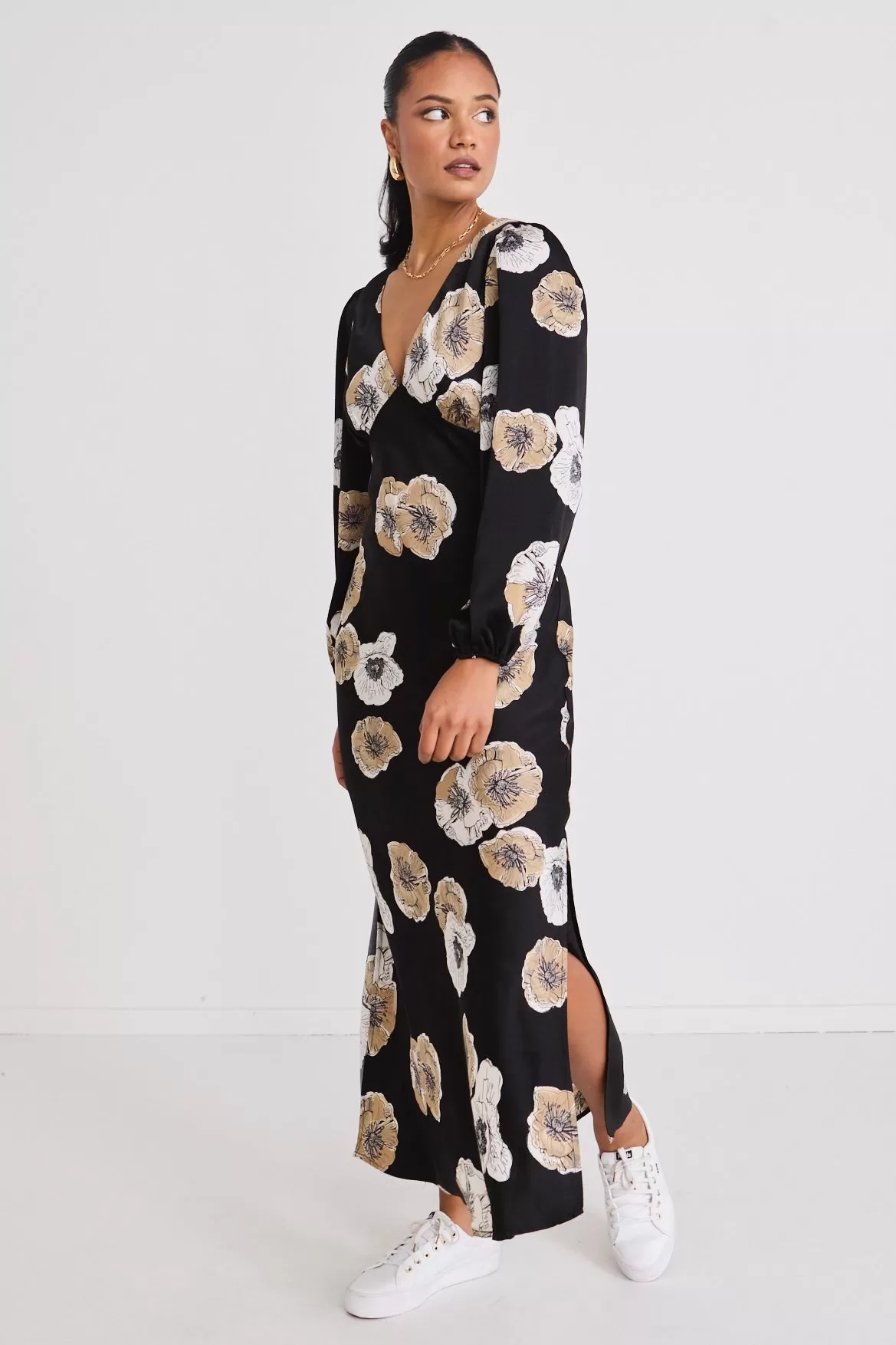 Phoenix Black Floral Satin LS Bias Midi Dress