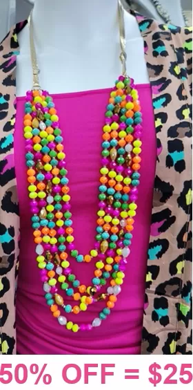 Purple, Neon Multi color crystal beaded 5 strand necklace