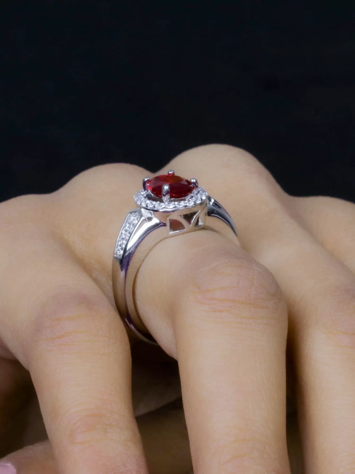 Red Ruby Halo Silver Ring For Women