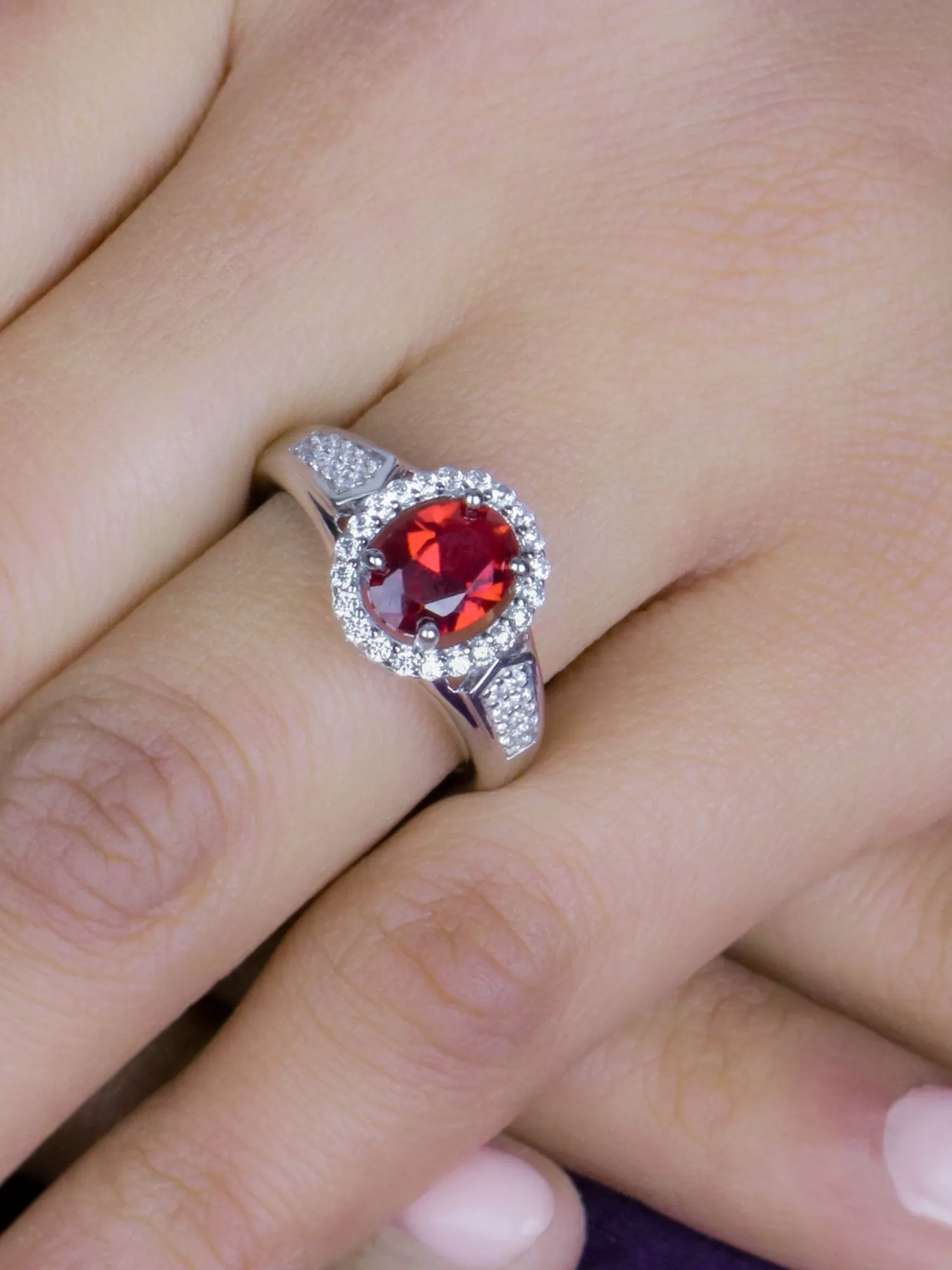 Red Ruby Halo Silver Ring For Women