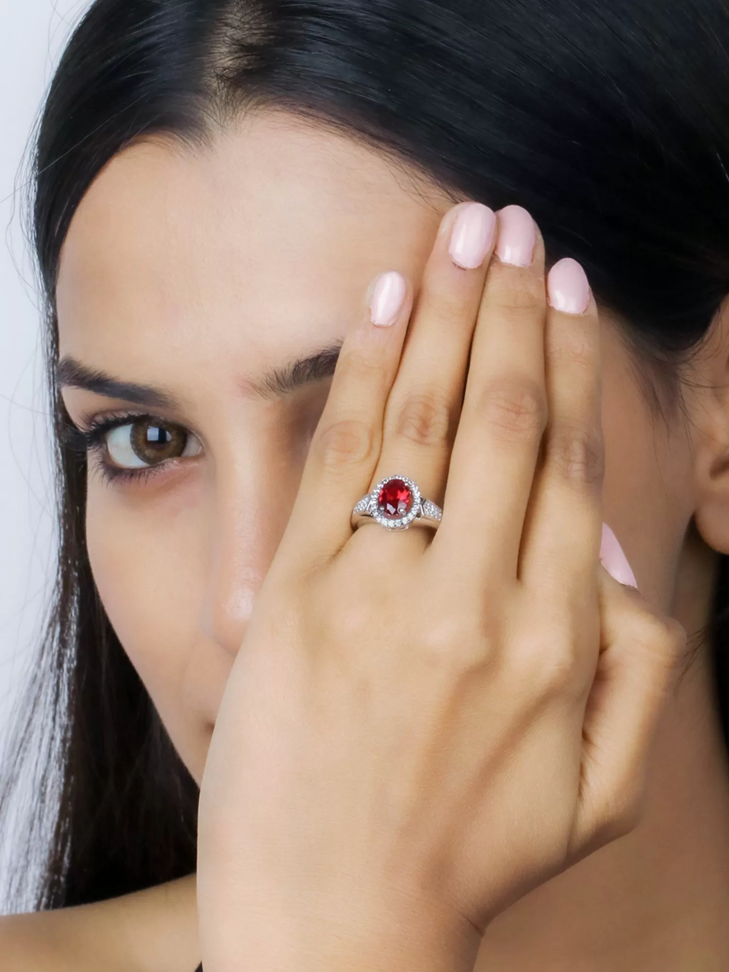 Red Ruby Halo Silver Ring For Women